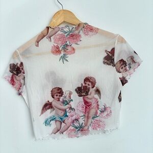 Cherub Print Sheer Crop Top
